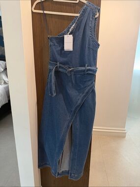 KARINA GRIMALDI Denim One-Shoulder Midi Skirt with Belt - Blue